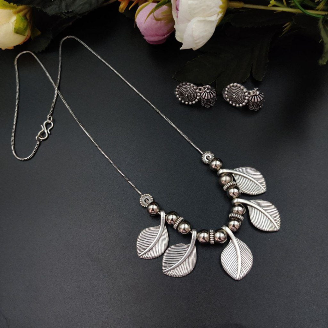 Designer Oxidised Leaf Chain Necklace With Jhumka Earrings