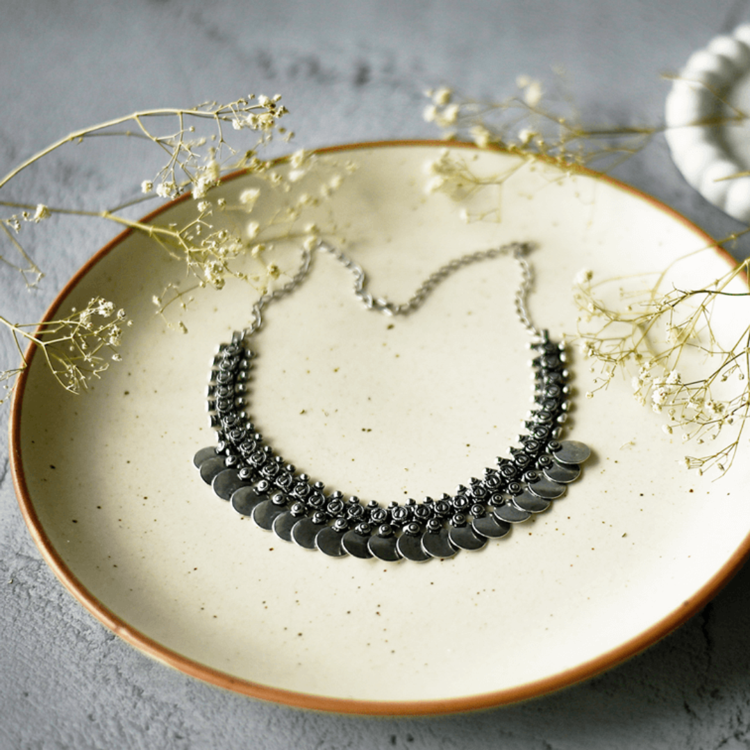 Oxidized Coin Choker Necklace Simple Silver Plated Jewellery