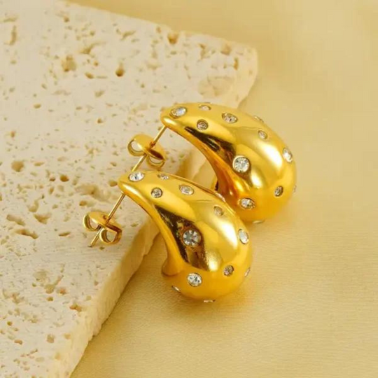 Stone Studded Gold Plated Water Drop Studs