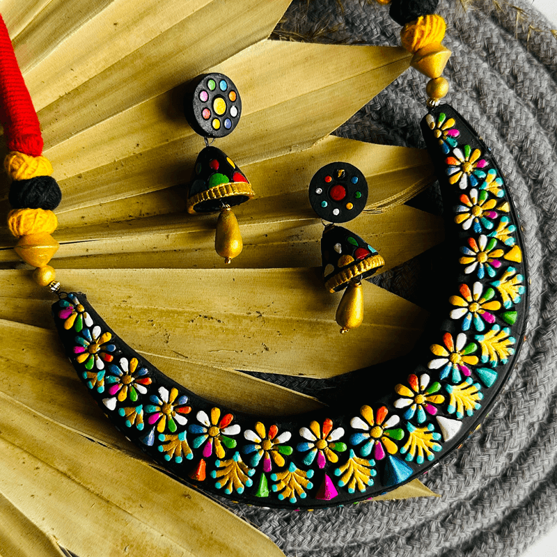 Black and Multi-Color Hand-Painted Flower Motifs Terracotta Clay