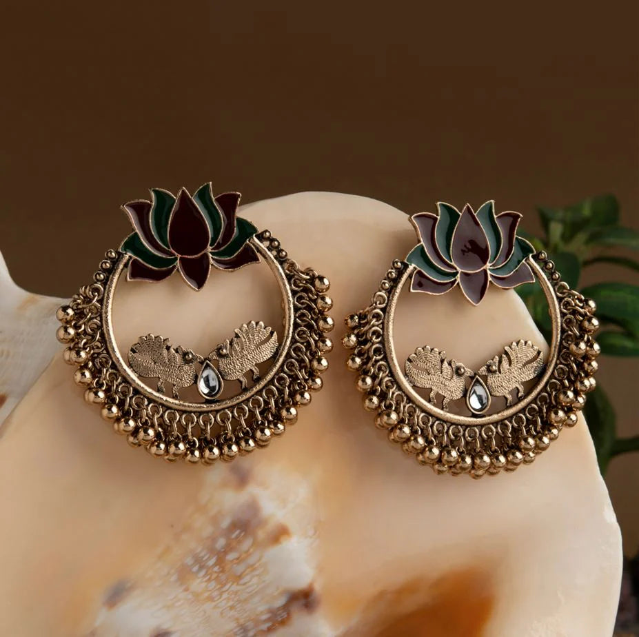 Gold Plated Lotus Designed Dual Colored Enamel With Beads Designed Antique Earring