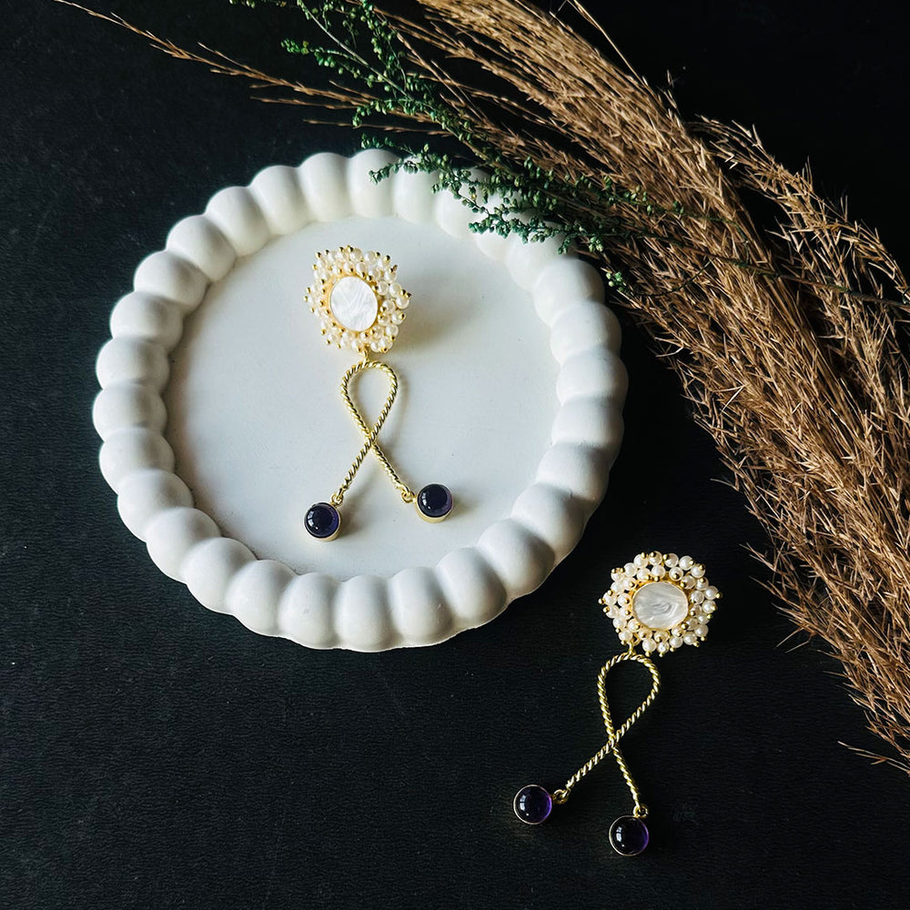 Cross Path Pearl & Brass Earrings