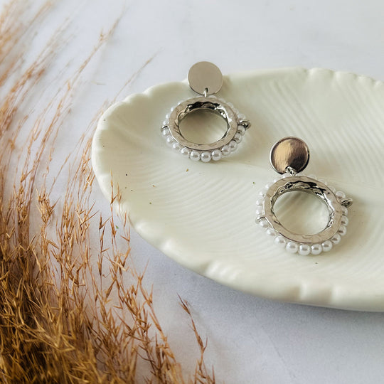 Silver Plated Ring Shaped Circular Pearl Drop Earring