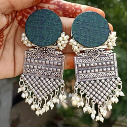 Handmade Handloom Green Fabric Partywear Dangler Earrings.