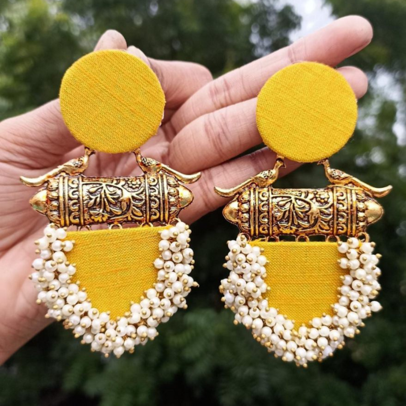 Traditional Handcrafted Fabric Style Earrings (Yellow)
