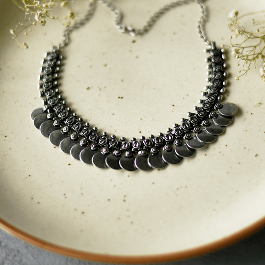 Oxidized Coin Choker Necklace | Simple Silver Plated Jewellery