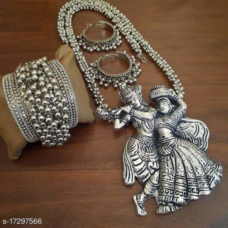 Radha Krishna Necklace with Ghunghru Hoop Earring & cuff Bracelet
