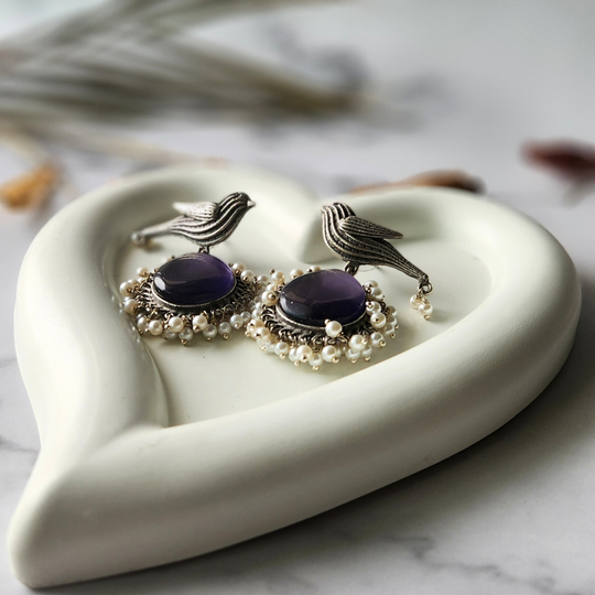 Silver Replica Oxidised Bird Dangler Earrings With Monalisa Stone
