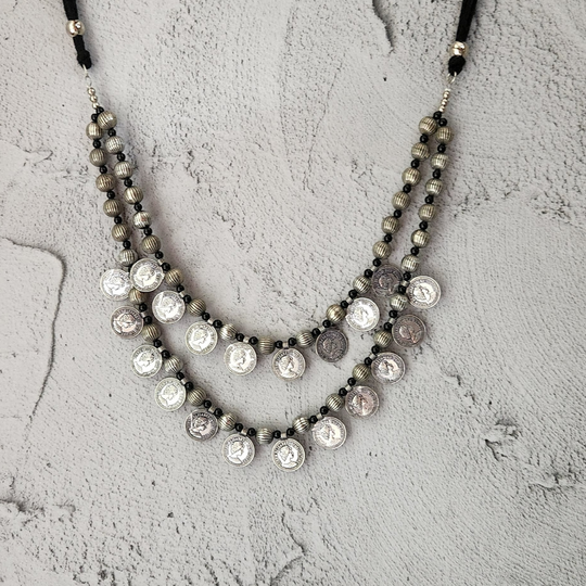 German Silver Kohlapuri Beaded 2 Layer Coin Necklace