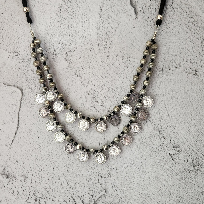 German Silver Kohlapuri Beaded 2 Layer Coin Necklace