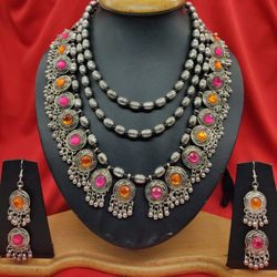 Oxidized Silver Statement Multi-Layer Pink/Orange Stone Necklace Set with Earring