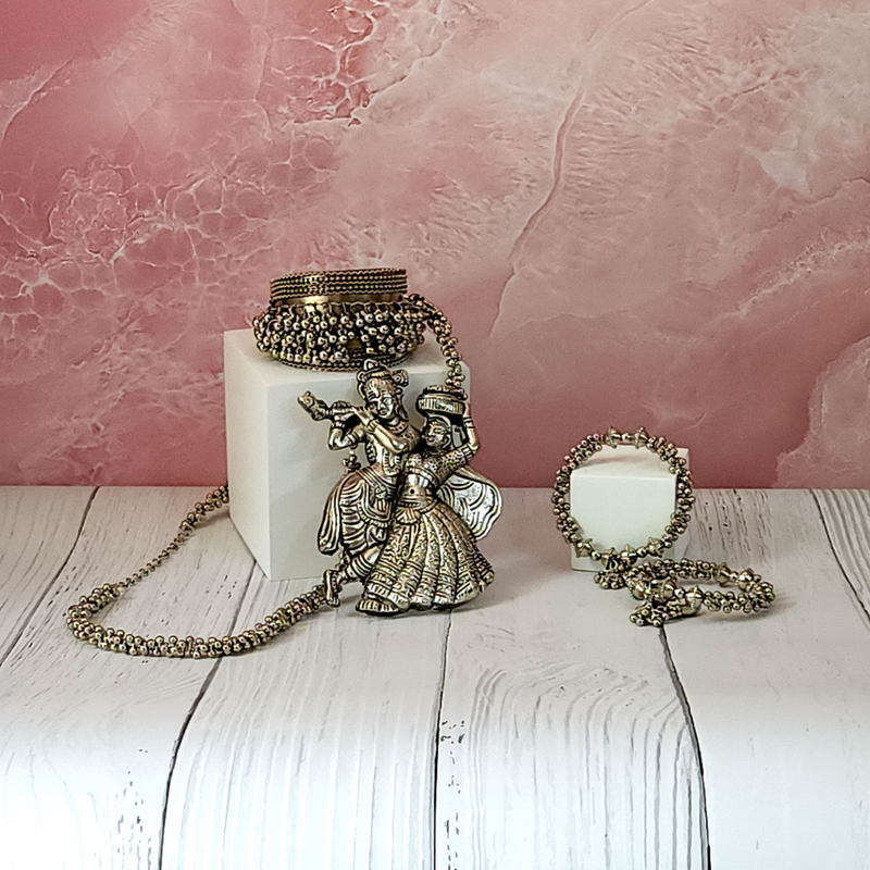 Radha Krishna Necklace with Ghunghru Hoop Earring & cuff Bracelet