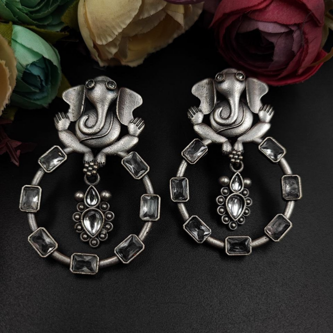 Oxidised Lord Ganesha Silver Replica Earrings With Stone Work