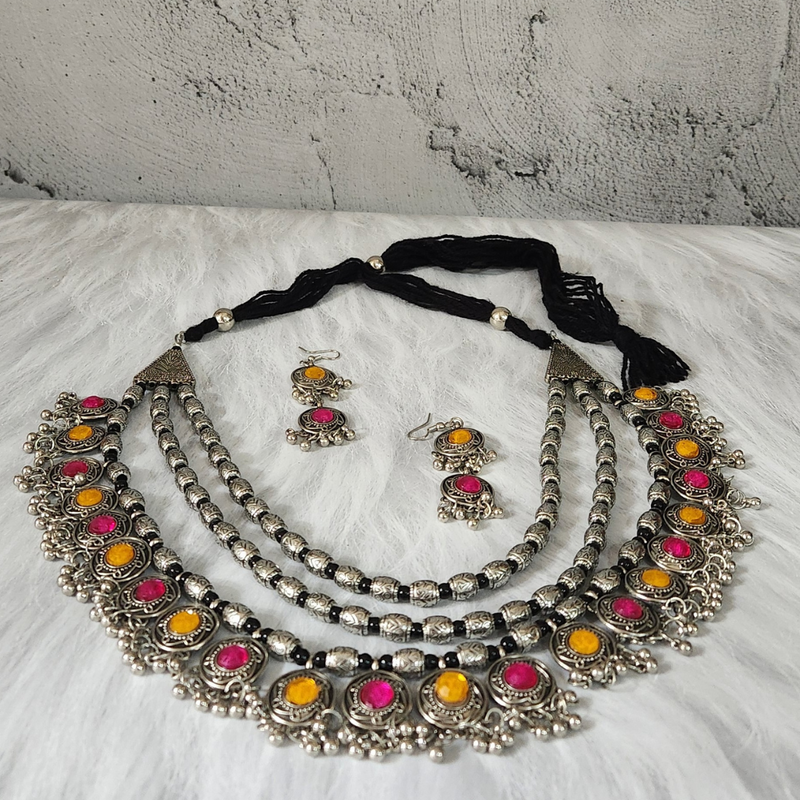 Oxidized Silver Statement Multi-Layer Pink/Orange Stone Necklace Set with Earring