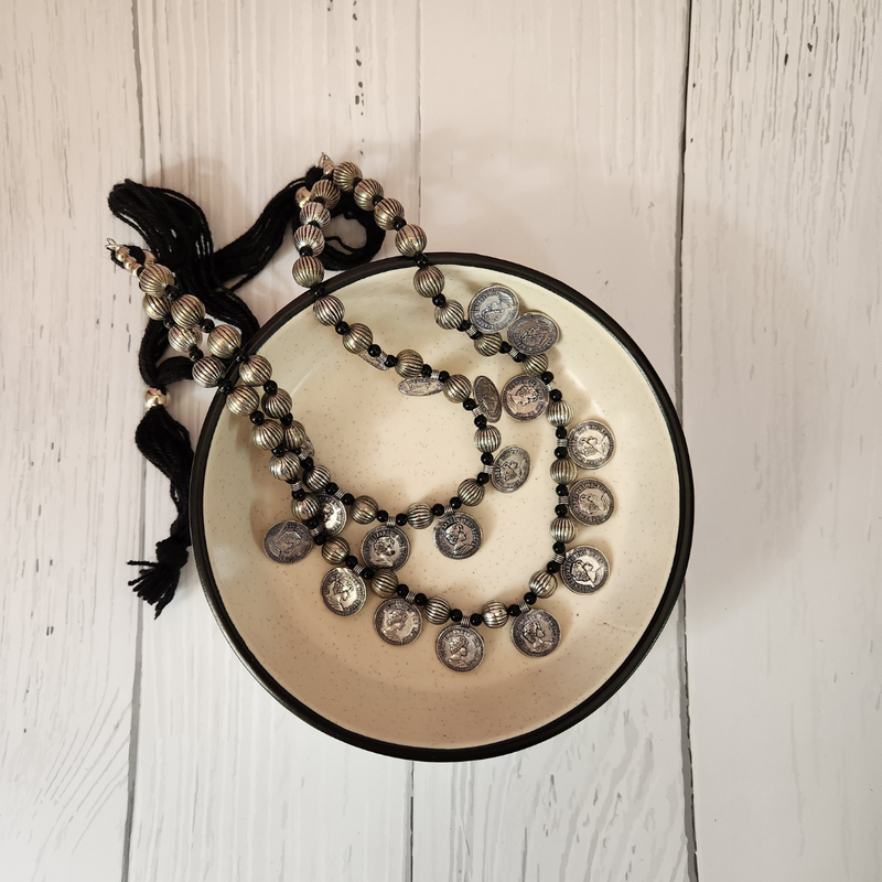 German Silver Kohlapuri Beaded 2 Layer Coin Necklace