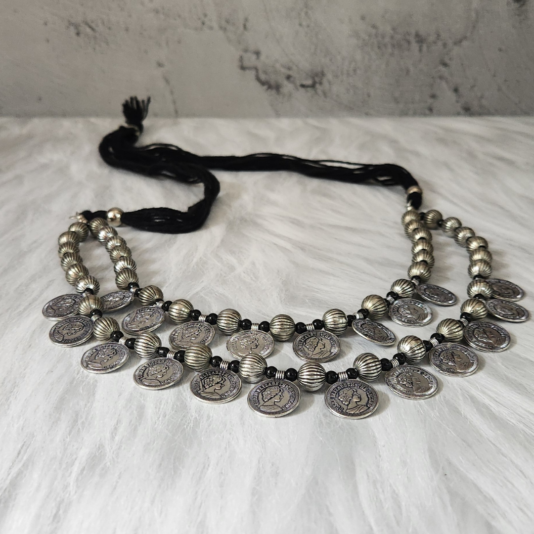 German Silver Kohlapuri Beaded 2 Layer Coin Necklace