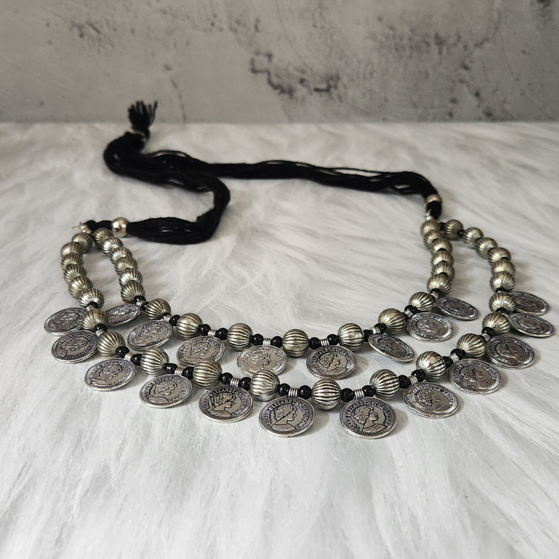 German Silver Kohlapuri Beaded 2 Layer Coin Necklace