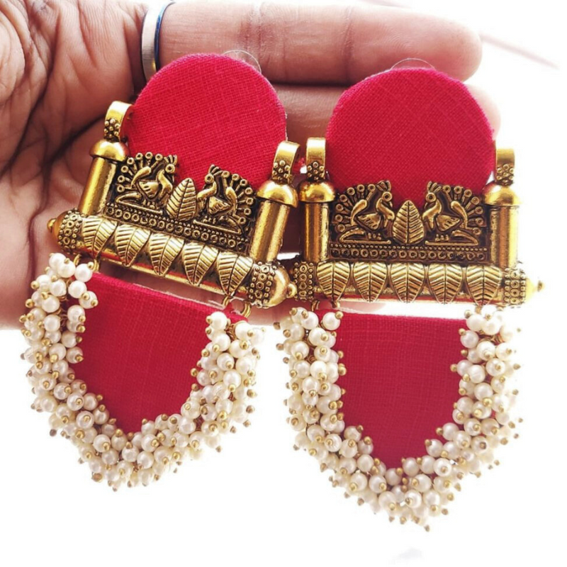 Traditional Handcrafted Fabric Style Earrings (Red)