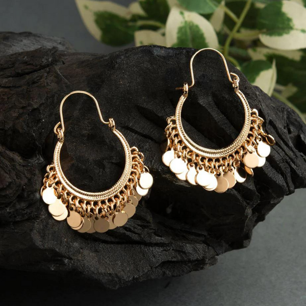 Gold Plated Open Circle Shaped With Hanging Charms Hoops Earring