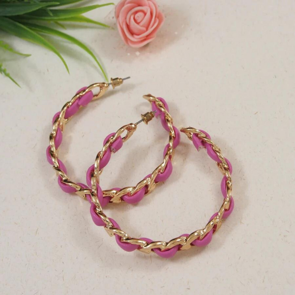 Gold Plated Pink Twisted Rope Hoops Earring